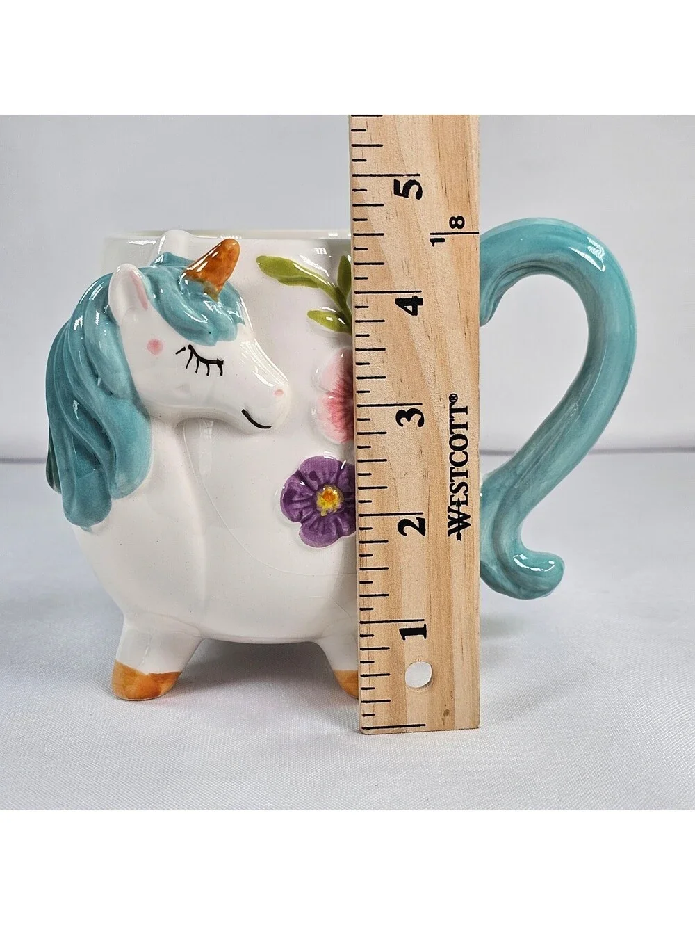 Boston Warehouse Unicorn Mug Teal Mane Floral 3D Sculpted Ceramic Footed 16oz